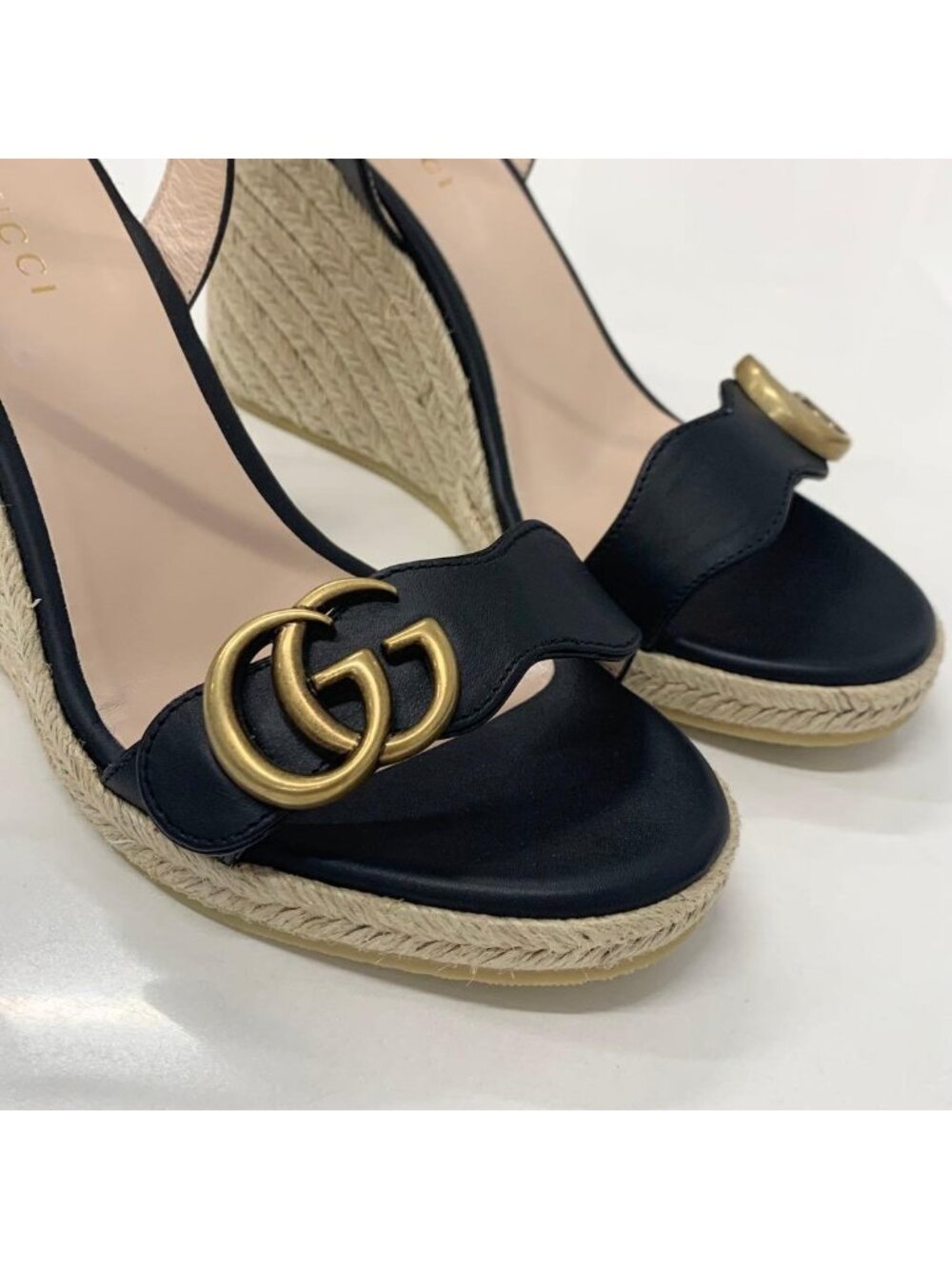 Gucci Leather Double G Wedge Sole Espadrille Sandals Black - Picture 11 of 11